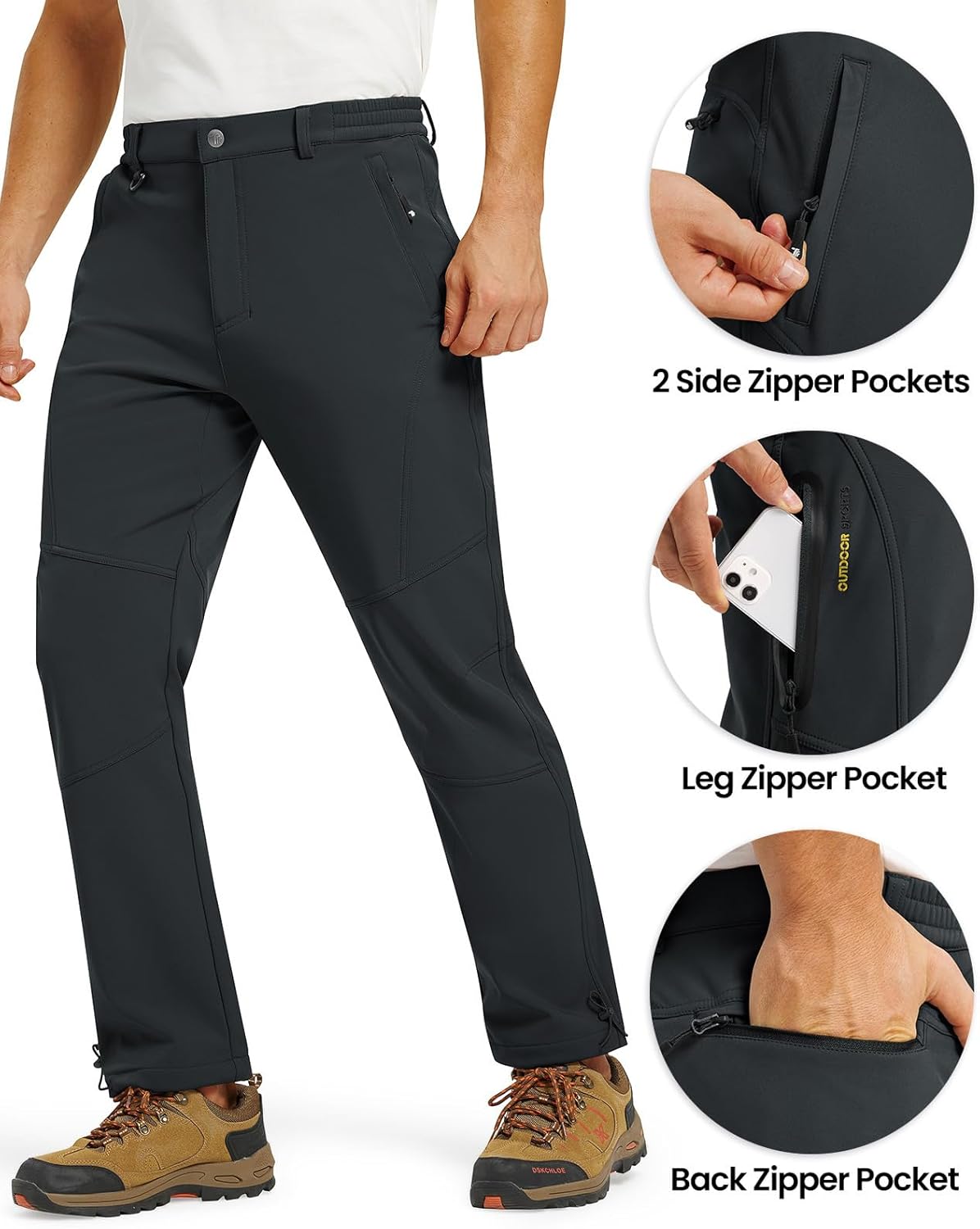 BASUDAM Men's Snow Pants Fleece Lined Winter Insulated Waterproof Softshell Outdoor Hiking Camping Pants Zipper Pockets - Image 2