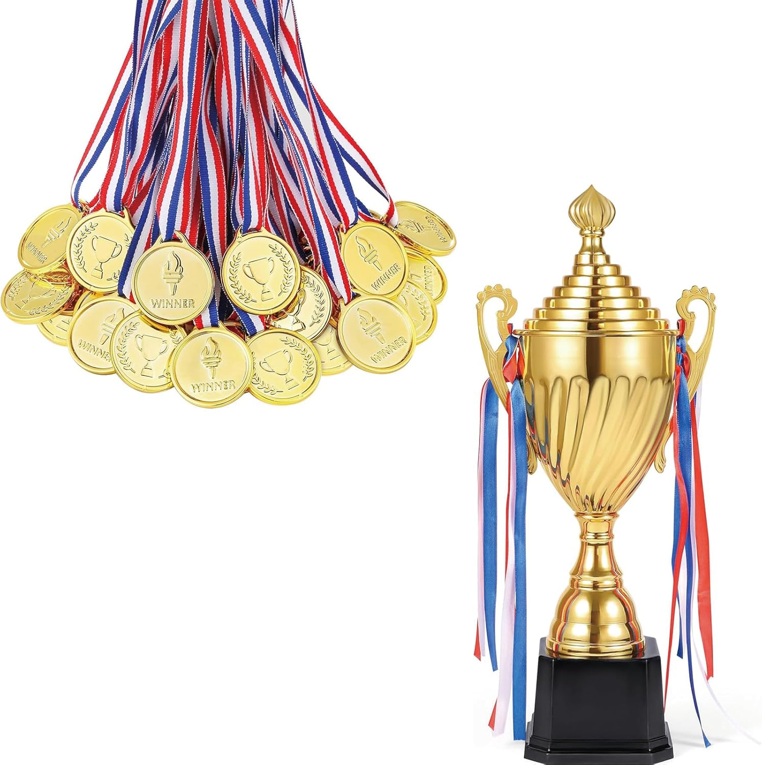 Caydo 100 Pieces Gold Medals for Kids with 16.3Inch Gold Award Trophy Large Winner Trophy Cup with Golden Pen for Kids and Adults for Sports, Competitions, Tournaments