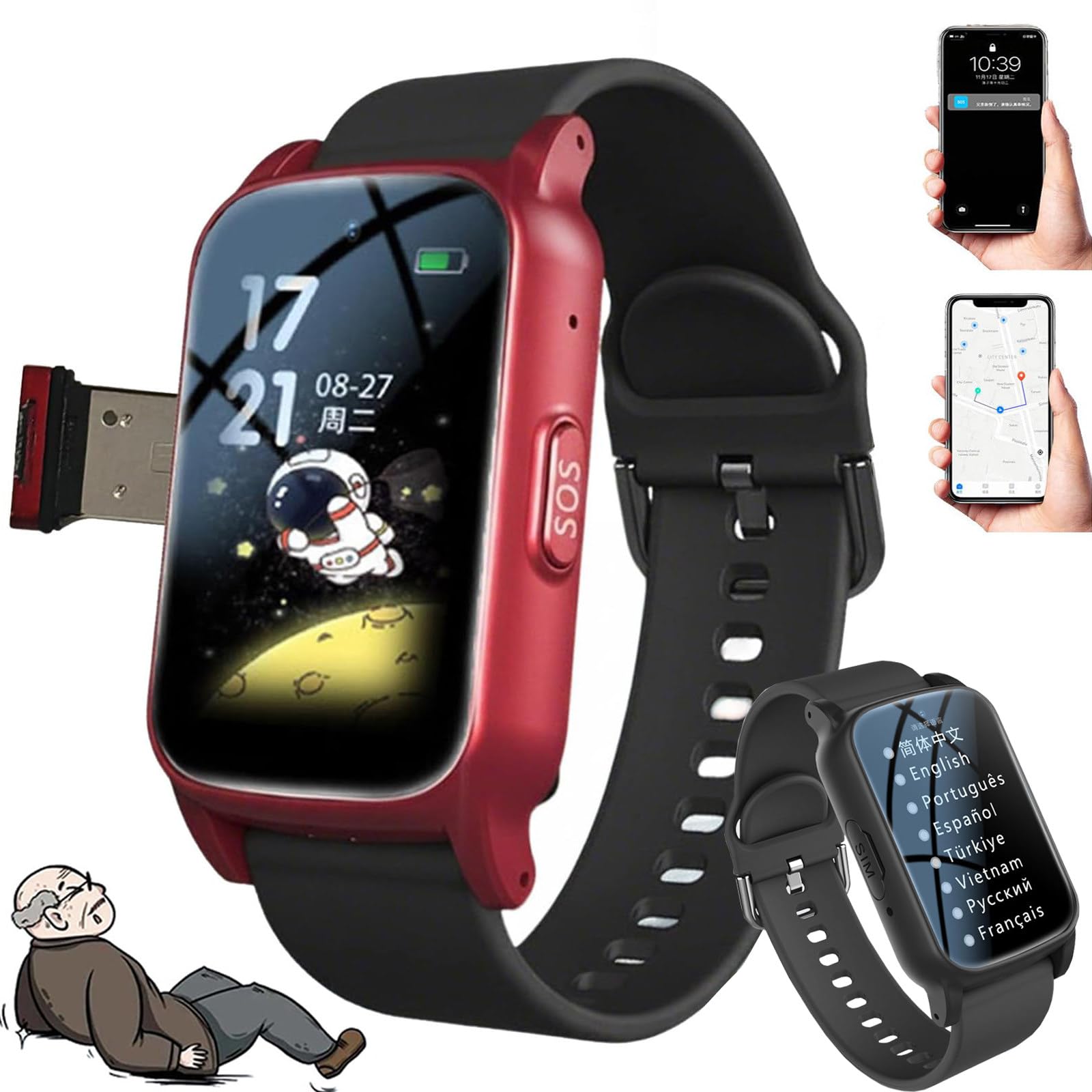 Smartwatch con rilevamento delle cadute, GPS 4G, pulsante SOS, telefono HD, monitoraggio della salute, risposta automatica, promemoria di caduta per anziani