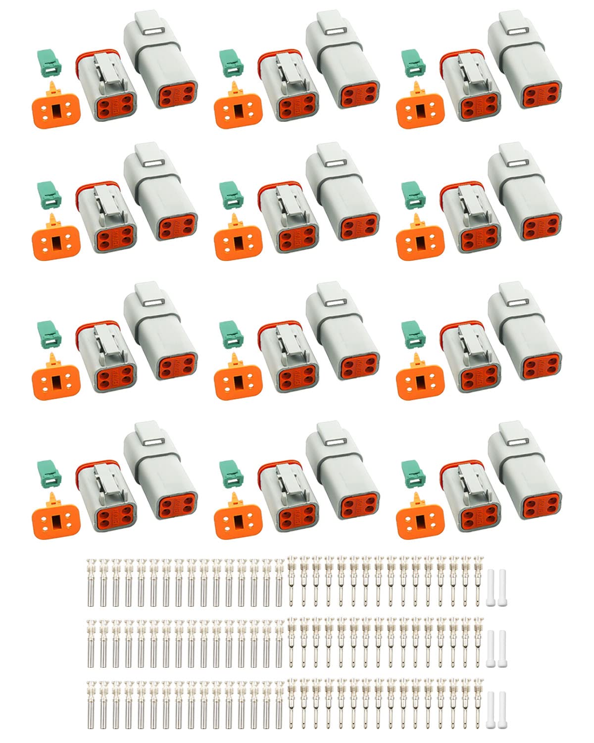 GUZIKO 150PCS 4 Pin Way Fit for Deutsch DT Gray Connector 12 Set, Waterproof Electrical Wire Connector with Solid Contacts and Seal Plug for Truck,off Road Vehicles, Marine, Motorcycle Wiring