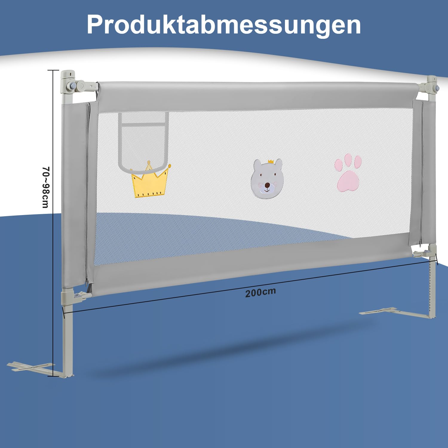 Barrera de cama para bebé, 200 × 70 cm, altura ajustable, barrera protectora para cuna de 70 – 98 cm, resistente con cierre de seguridad, malla transpirable, gris