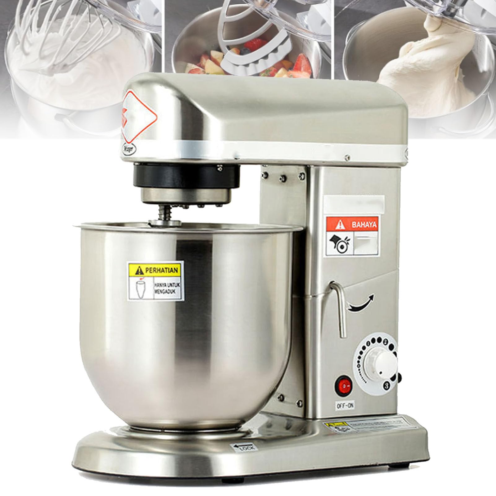 Commercial Food Mixer Electric Dough Blender 3 Speed with Stainless Steel Bowl Dough Hook Flat Beater Whisk 3 In 1 Multifunctional Food Mixing Machine (7L)