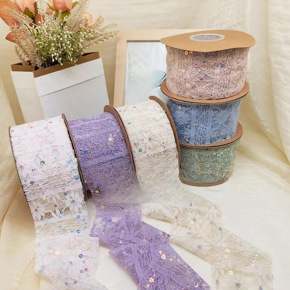 MSTZA 5/10/20 Yards 7 cm dekoratives Spitzenband, Besticktes Bastelband mit Blumenmuster und Wellenkante für Hochzeit, Geschenkverpackung