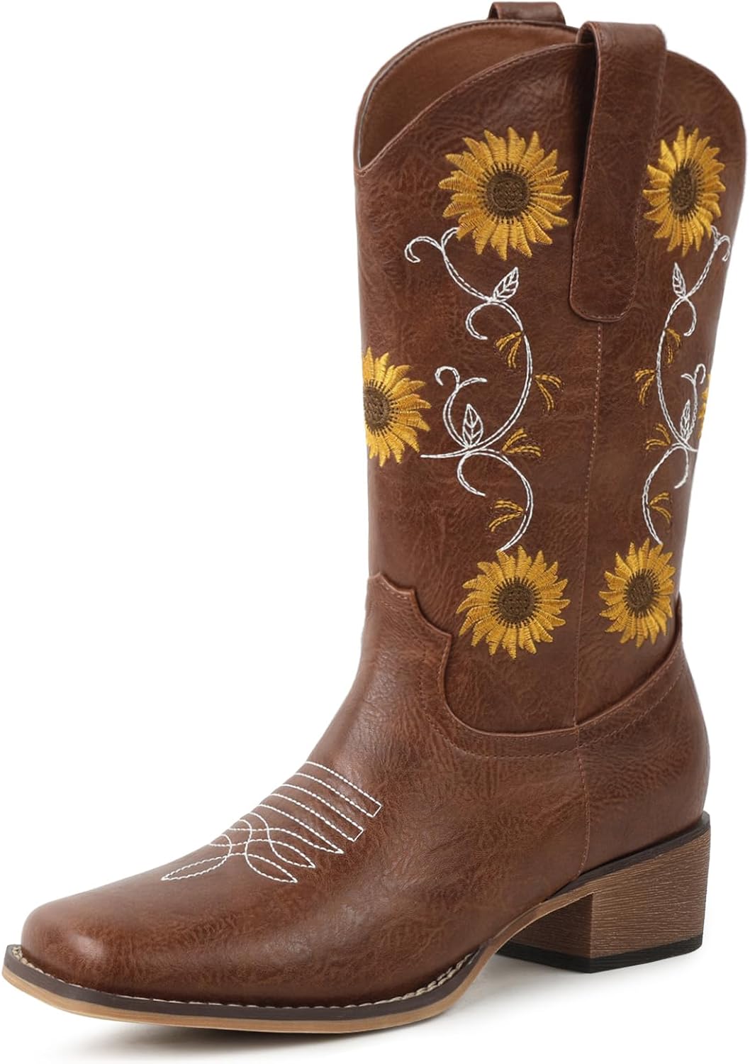 FancyQueen Cowboy Boots for Women Square Toe – Mid Calf Western Cowgirl Boots with Sunflower Embroidery, Chunky Heel, Pull On Design