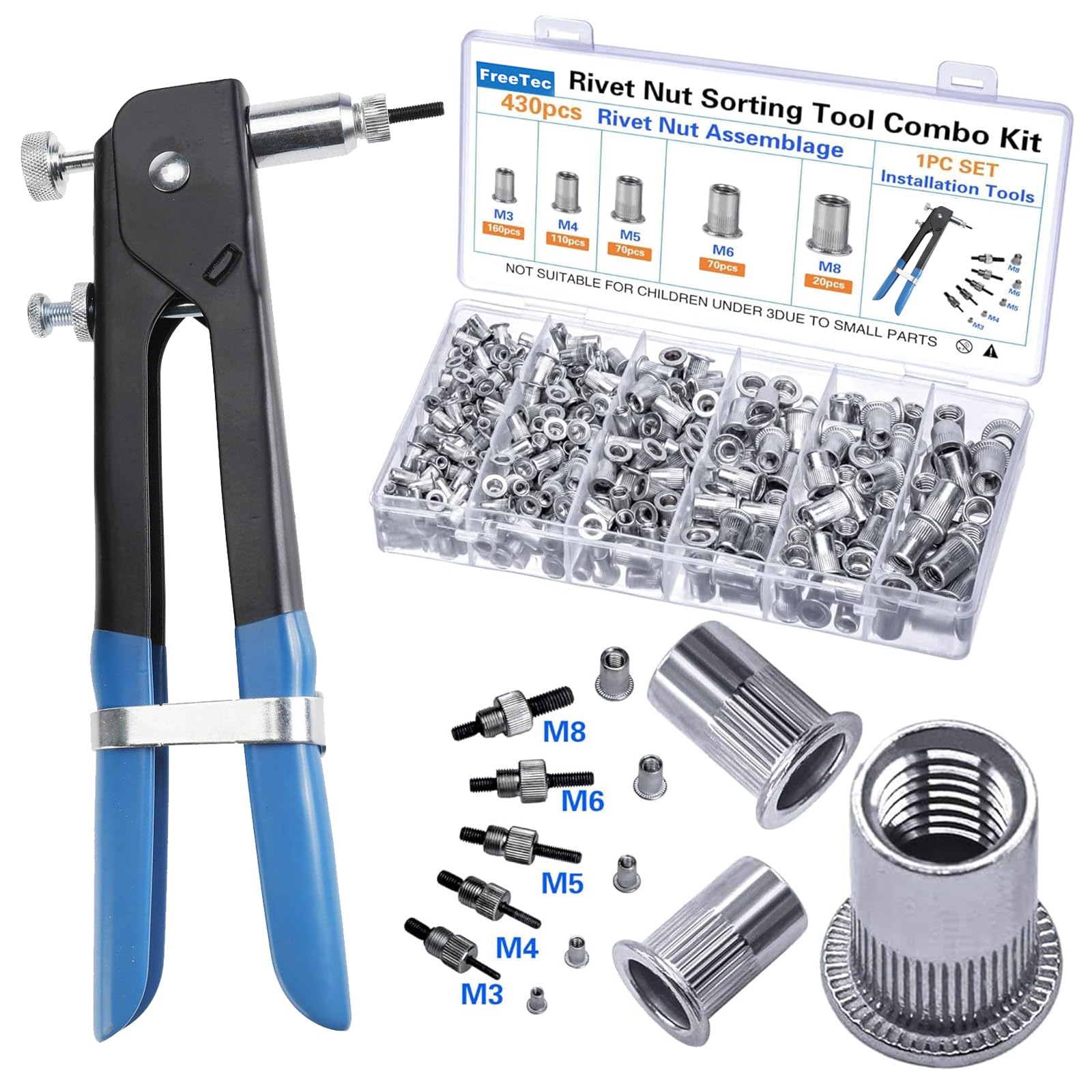 FreeTec 436pcs Rivnut Tool Kit, Rivet Nut RIV Nut Tool Kit, M3 M4 M5 M6 M8 Captive Nuts Rivet Threaded Insert Plier with Mandrels for Metal Pipe Frame Car Furniture Repair
