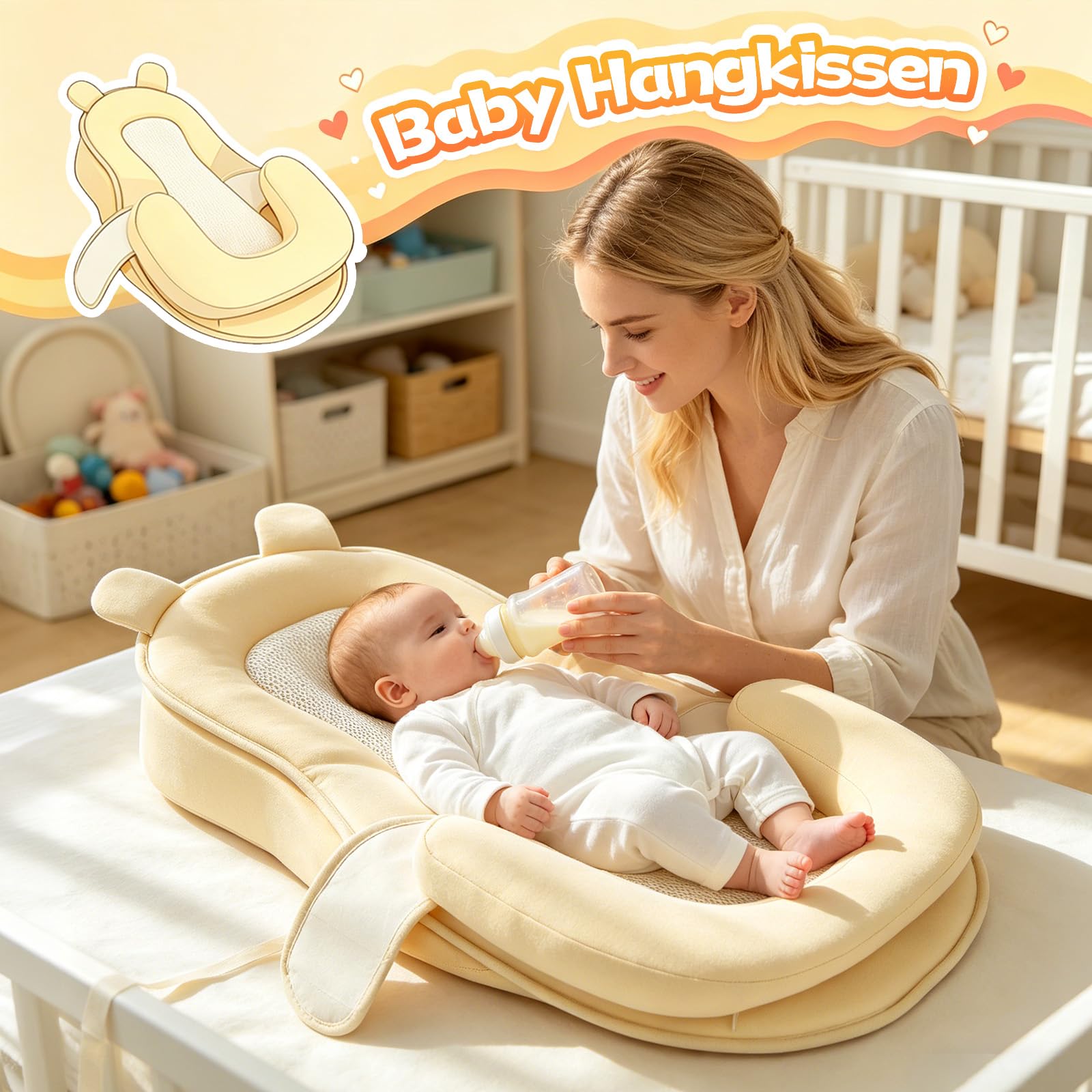 Coussin d'allaitement, housse de coussin d'allaitement anti-reflux et anti-regurgitation, coussins amovible lavable pour le biberon avec sangle réglable, pour nouveau-nés de 0 à 12 mois(Jaune)