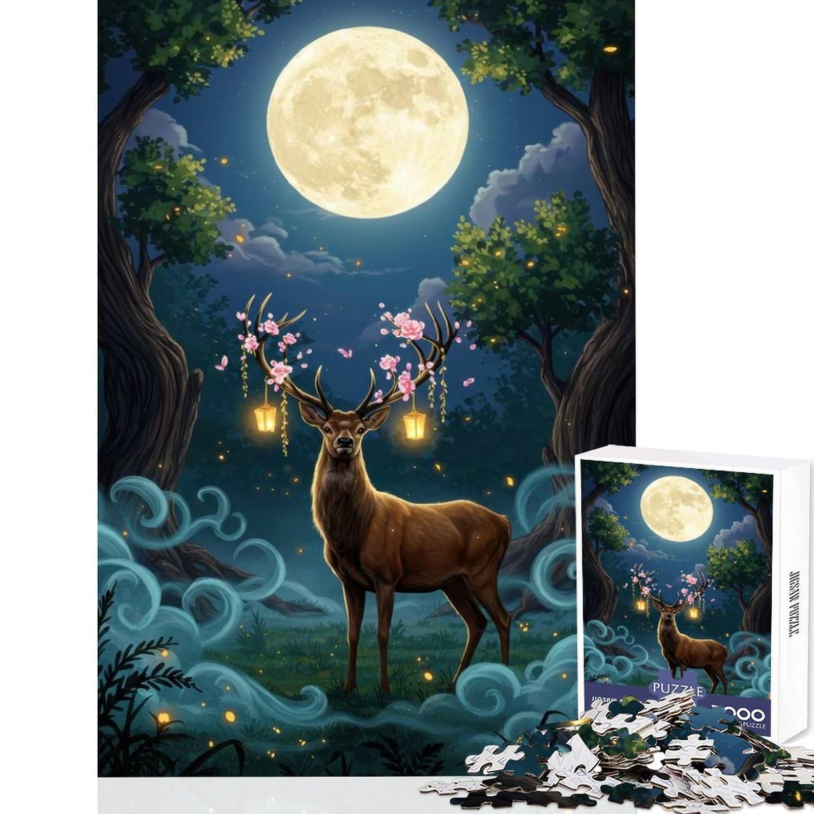 Magical Deer in Moonlight Forest 1000-piece Puzzle for Adults Mind Train Fun Burr Free Clean Cut Pieces Family Fun Night Activity 38x26cm