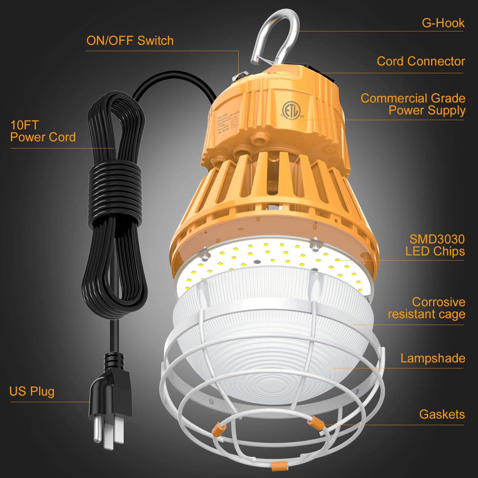 Tymczasowe światło robocze LED, 80 W/64 W/48 W, 12000 lm, 5000 K, przenośna lampa robocza, przenośna do oświetlenia garażu stodoły, tymczasowe podłączenie świateł roboczych, wejście 100~277VAC