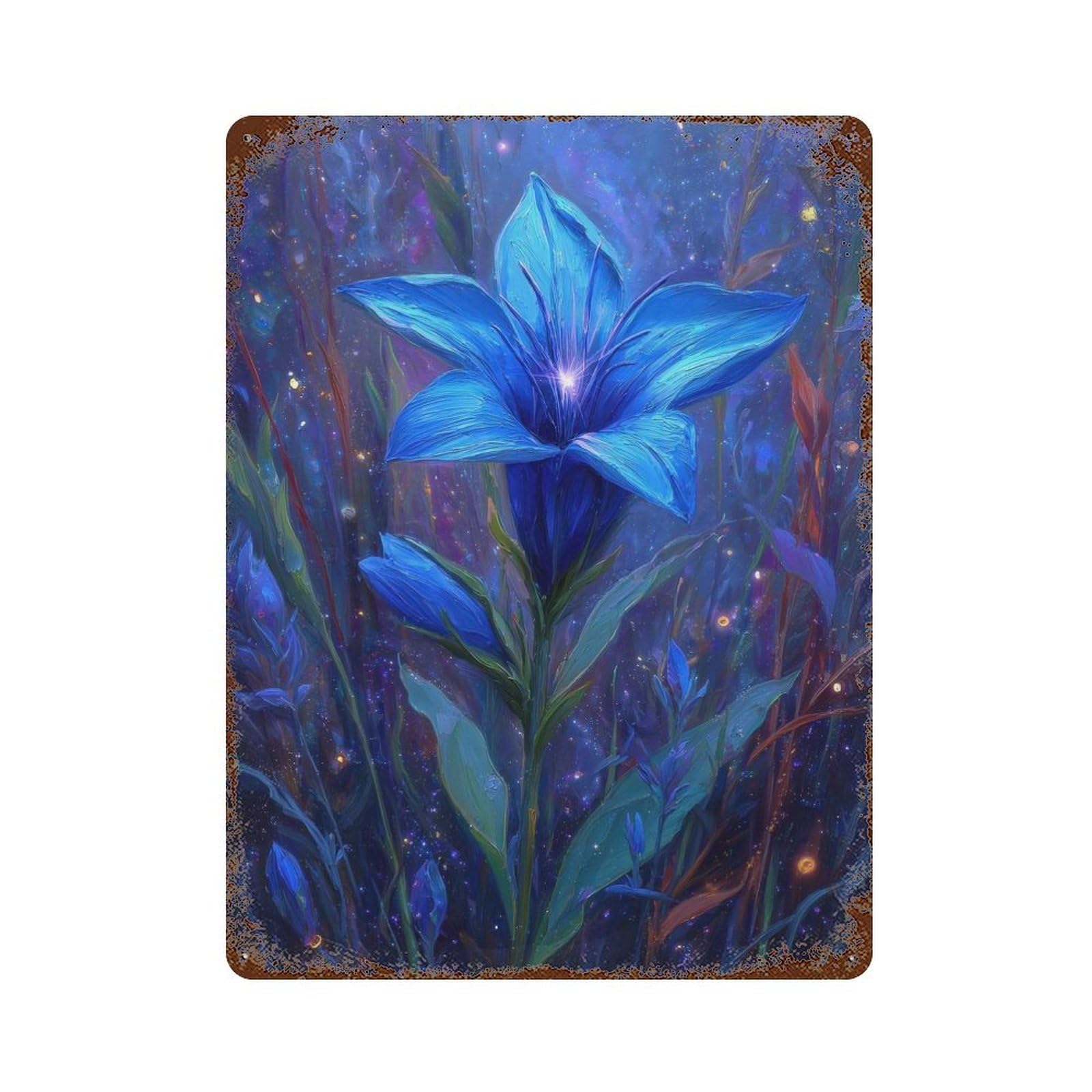 Rust Effect Blue Flower in A Cosmic Garden Aged Metal Wall Plaque 15.7"x11.8", Shabby Chic Decor for Living Room, Hallway And Home Decor