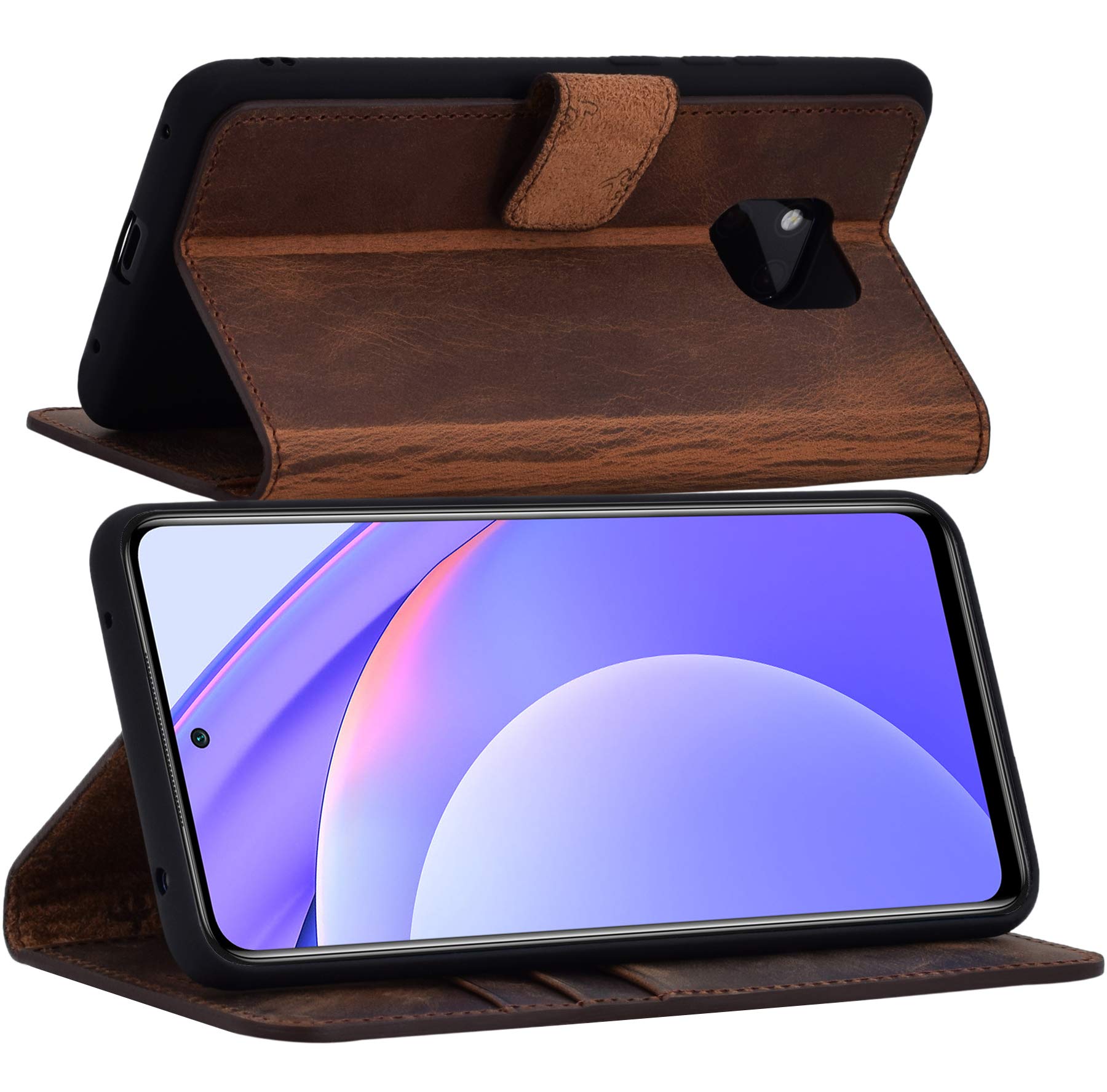 Custodia A Libro In Pelle Suncase Per Xiaomi Mi 10T 5G | Marrone Anticato Con Chiusura Magnetica E Slot Porta Tessere