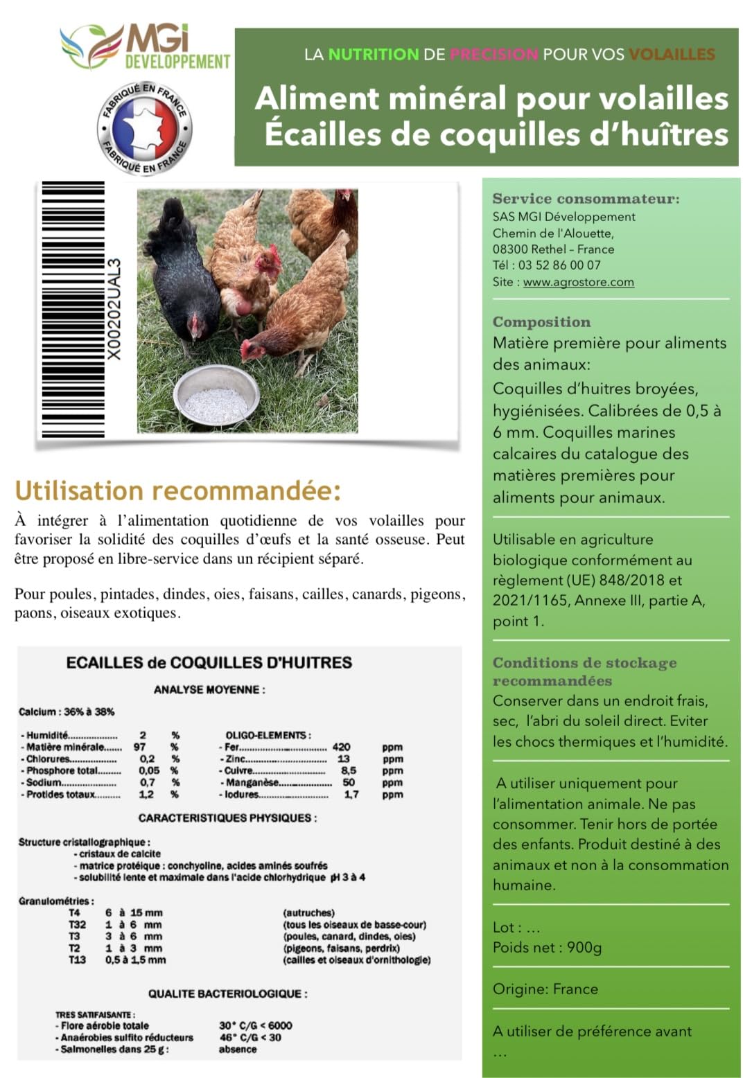 900 g di gusci di ostriche francesi naturali, igienizzate, calibrate e macinate per pollame - Alto contenuto di calcio: da 36 a 38% e oligoelementi (900 g)