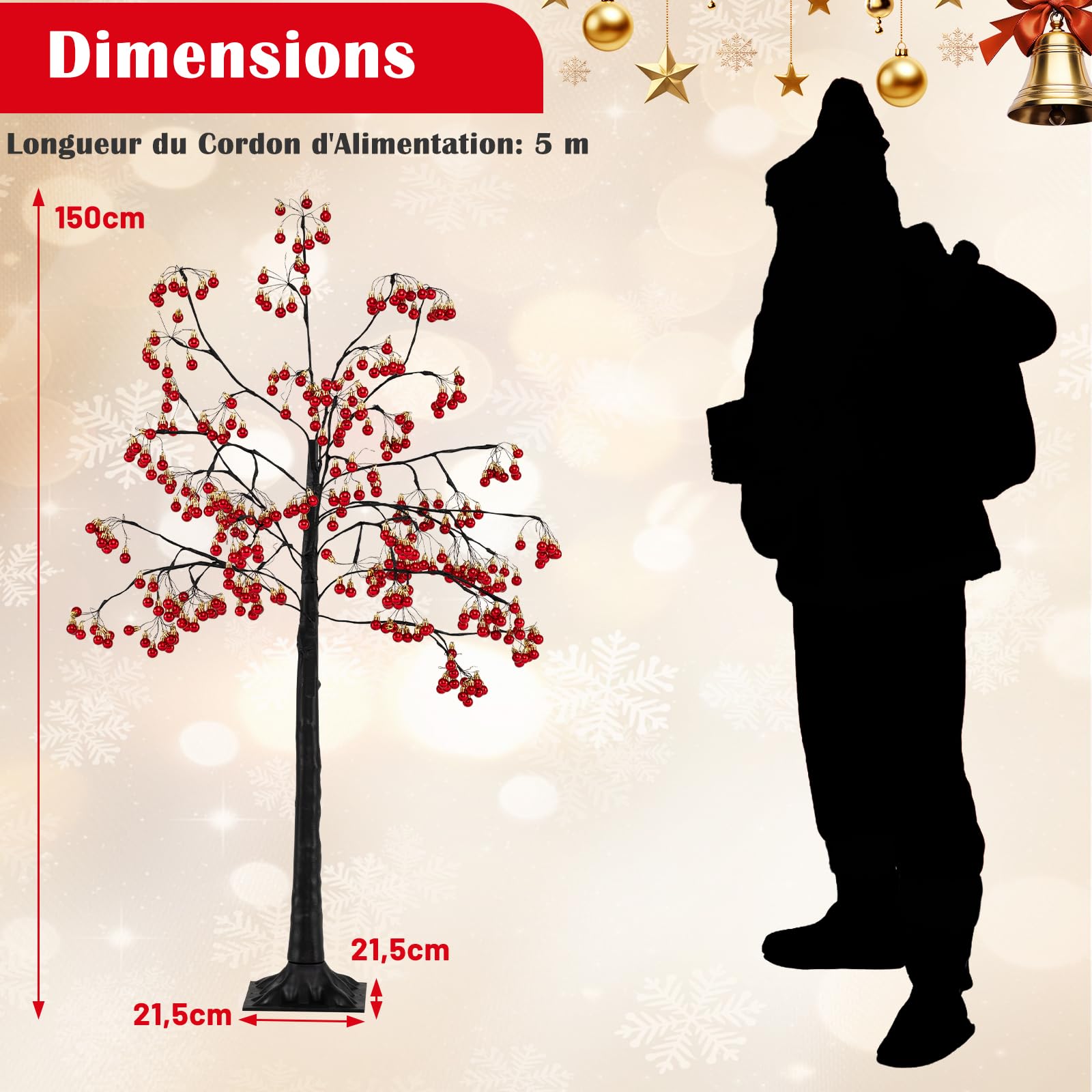 COSTWAY 150 cm Arbre Artificielle Lumineux, 384 Boules Rouges, Sapin de Noël, 480 LED Blanc Chaud, Branches Flexibles, Piquets de Sol, Noel Decoration Exterieur Interieur