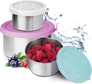 Stainless Steel Snack Containers, Fruit Containers For Lunch , Lunch Containers with Lid , Stainless Steel Containers With Lids , 3.4oz, 7oz, 13.5oz Set of 3 , Condiment Containers With Lids