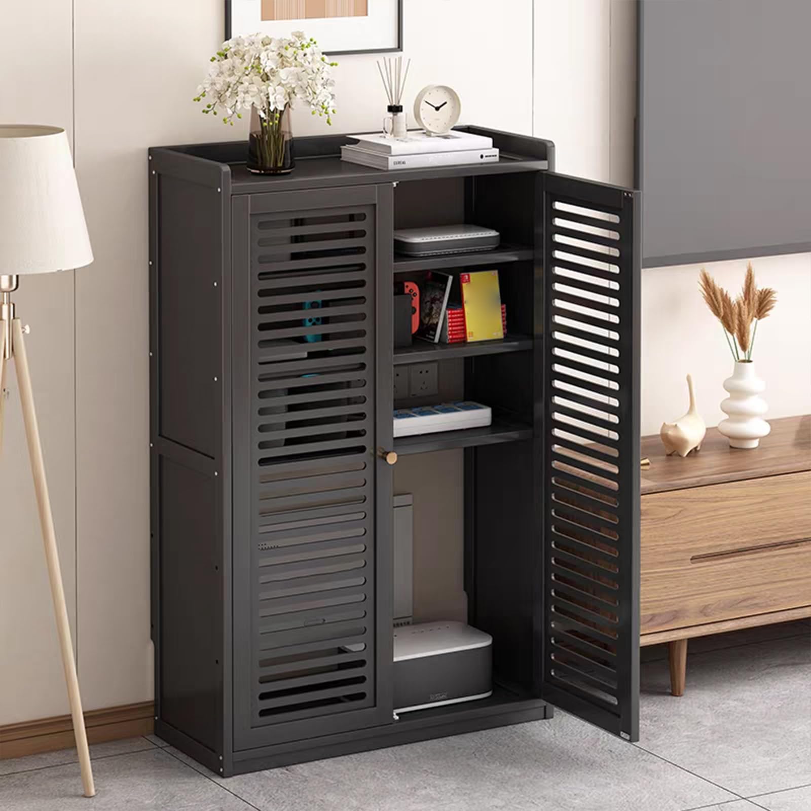 DECAKE WiFi Router Storage Cabinet, Power Strip And Cable Management Hider Organizer,Floor Standing Box Modem For Home Office, Stylish Design With Ventilation & Cord