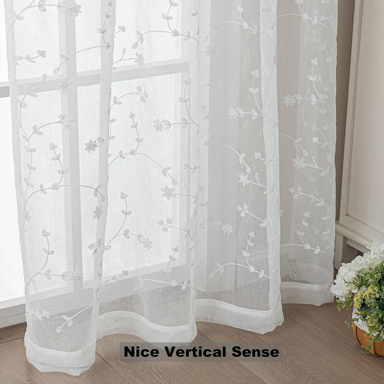Embroidered Sheer Curtains, White Floral Leaf Embroidery Light Filtering Sheers, Elegant 96 Inch Length 2 Panels Set, Rod Pocket Patterned Window Drapes for Living Room/Bedroom