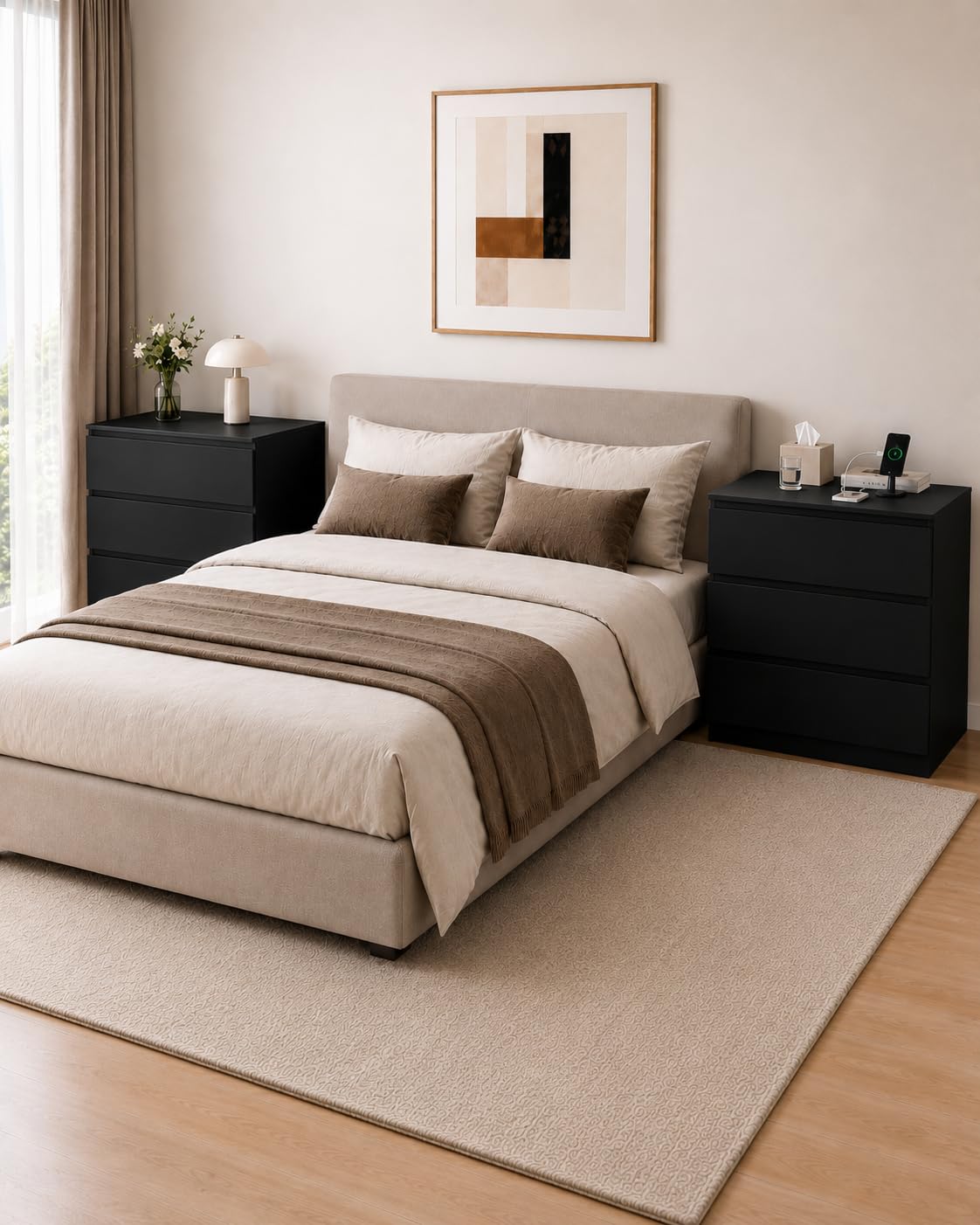 hitsuki Comodino nero con 3 cassetti, larghezza 70 cm | Comodino da notte, 70 x 40 x 75 cm, per camera da letto, soggiorno, corridoio, studio