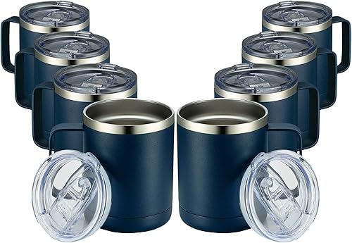 MEWAY Taza de café de 12 onzas con asa, paquete de 8 vasos de viaje aislados de acero inoxidable con tapa deslizante, taza de campamento al vacío de