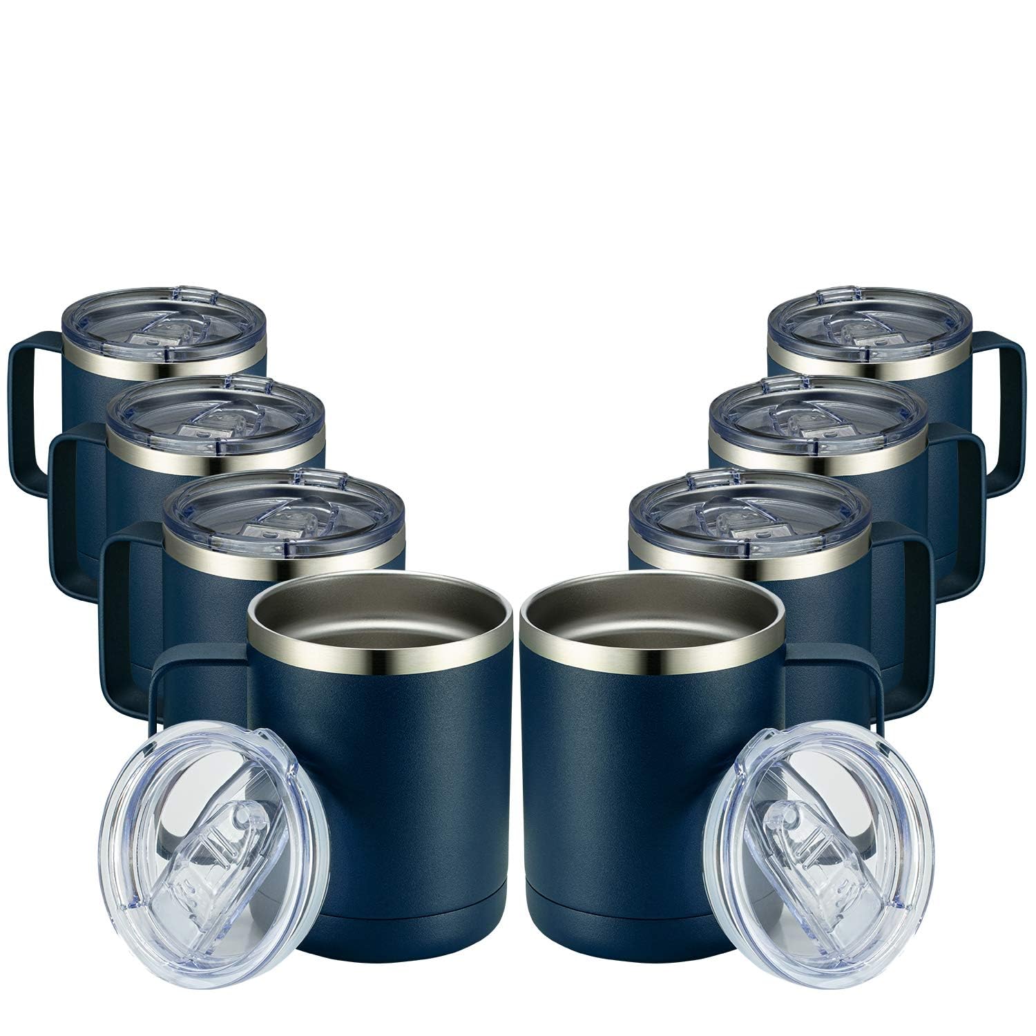 MEWAY 12oz Coffee Mug With Handle 8 Pack Bulk,Stainless Steel Insulated Travel Tumblers With Sliding Lid,Double Wall Vacuum Camping Cup for Hot & Cold Drinks Tea (Navy,Set of 8)