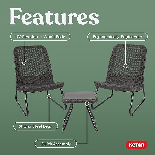 Vista 21 de Keter Rio, 3 piezas, Juego de muebles de mesa y silla para patio, jardín, exteriores, todo tipo de climas, gris, Marrón Whiskey