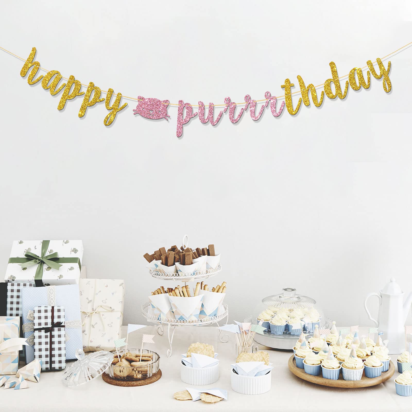 Happy Purrrthday Banner - Gold Glitter Cat Birthday Party Decorations
