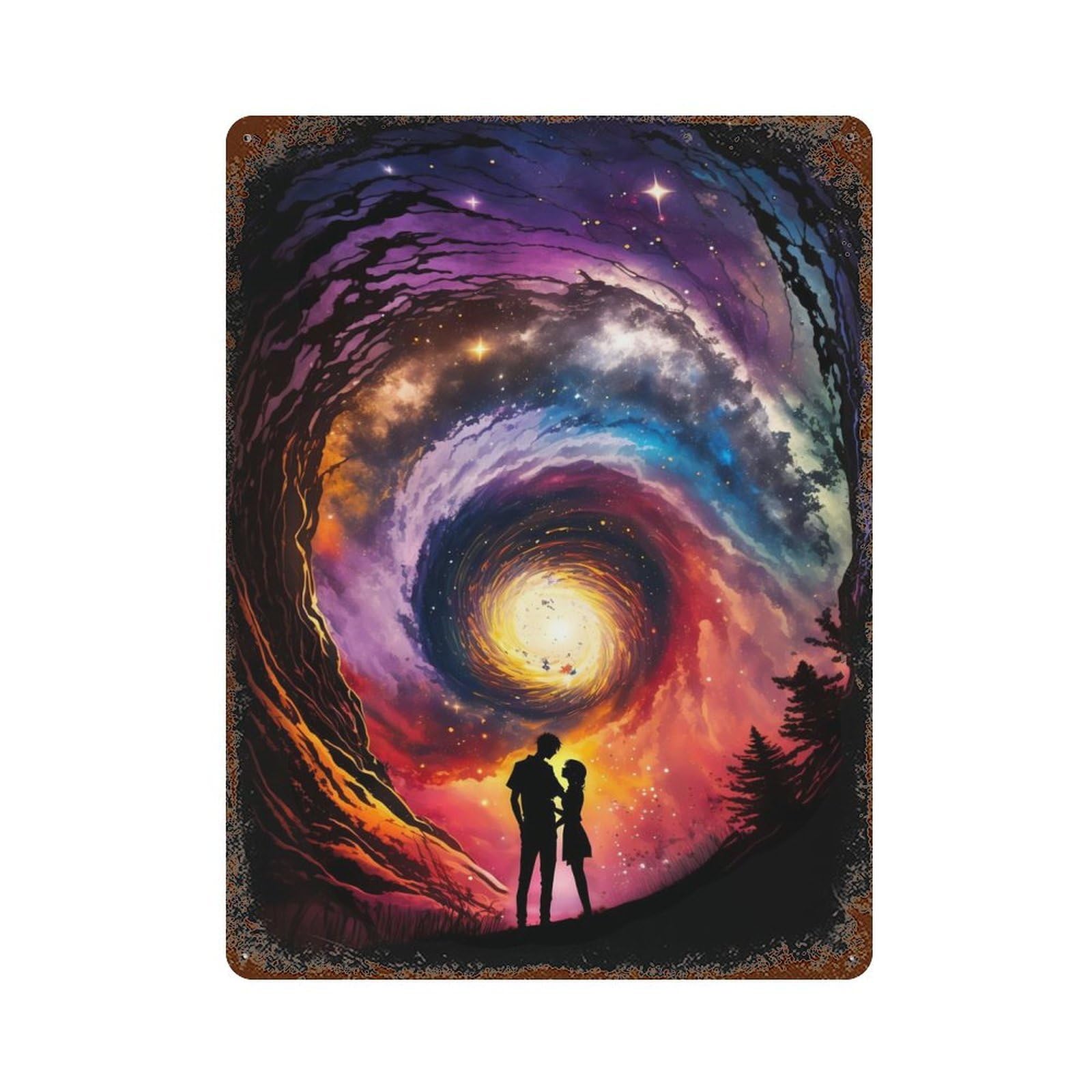 Galactic Love Scenery Distressed Metal Wall Sign 15.7"x11.8", Industrial Home Decor for Garage, Pub Or Kitchen