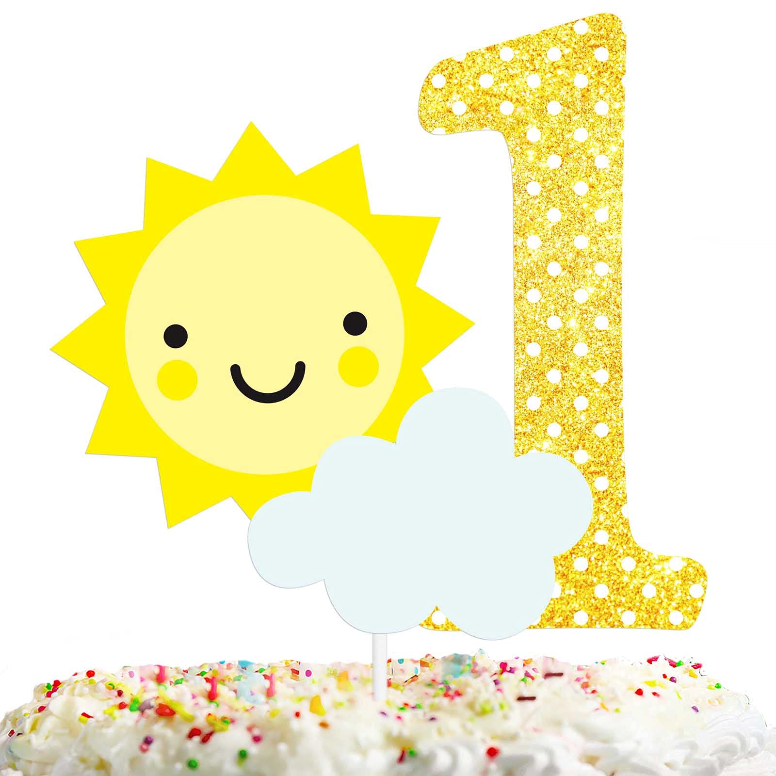 Gold Glitter Sun Cloud 1 Cake Topper One Year Old Theme Decor Supplies Baby Show Girls Boys Happy Birthday Party Decorations