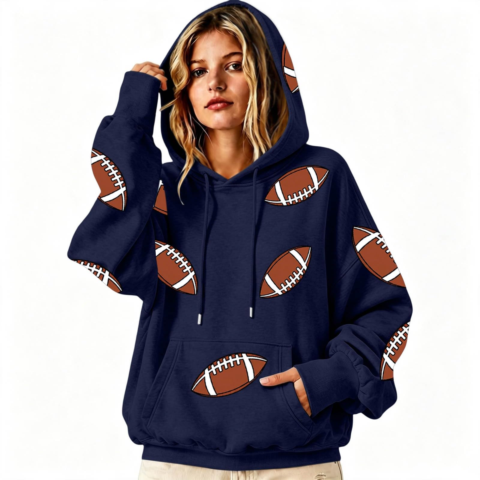 Print Hoodie Damen Pullover Sweatshirt mit Kapuze Rugby Aufdruck Pulli Langarmshirt Stadion Motiv Sport Muster Ganzkörper Grafik Freizeit Oberteil Casual Herbst Winter Alltag weicher Stoff