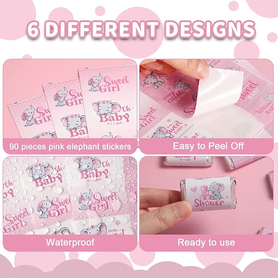 90 Pcs Elephant Theme Baby Shower Candy Wrappers Mini Candy Bar Miniatures Wrappers Chocolate Bar Label Stickers for Gender Reveal Sprinkle Birthday Boy Girl Baby Shower Decoration(Pink)