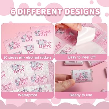 90 Pcs Elephant Theme Baby Shower Candy Wrappers Mini Candy Bar Miniatures Wrappers Chocolate Bar Label Stickers for Gender Reveal Sprinkle Birthday Boy Girl Baby Shower Decoration(Pink)