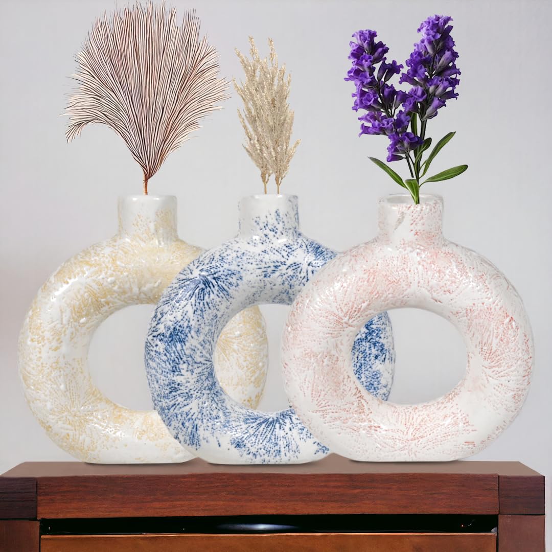 Crazy Sutra Beautiful Ceramic Vases Flower Planters Ring Shape Unique Quality Home Decor Center Table Bedroom Side Corners Decoration Set of 3-image-6