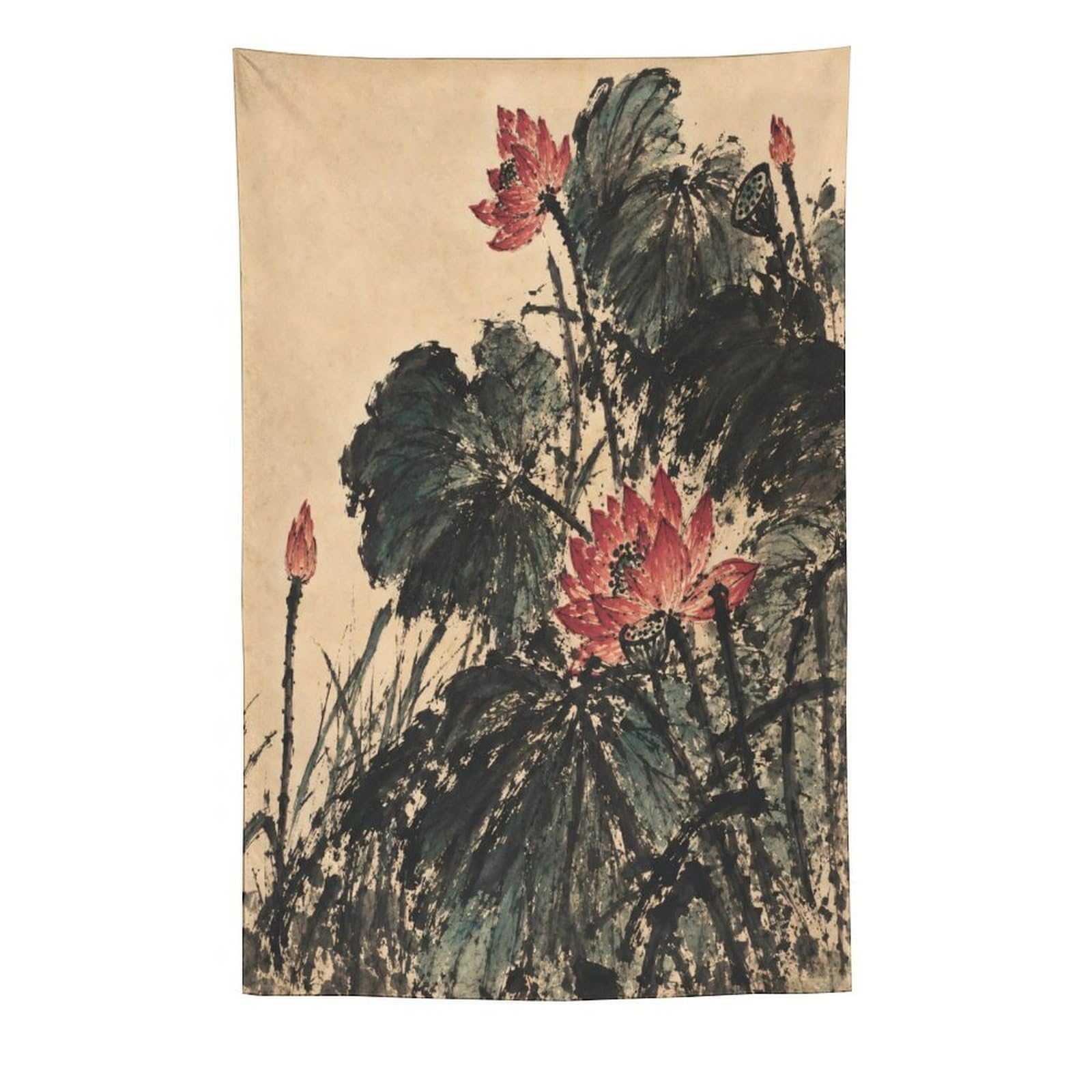 H3B8U2Y5 Dark Lotus Flowers Wall Tapestry, Asian Ink Style, Apartment