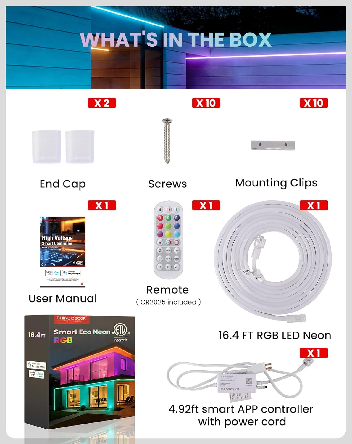Shine Decor Smart LED RGB Neon Rope Lights AC 120V, ETL Expandable Color Changing Dimmable with Remote Compatible with Alexa, Google Assistant, Cold-Resistant & IP65 Waterproof, 8x16 mm, 16.4FT