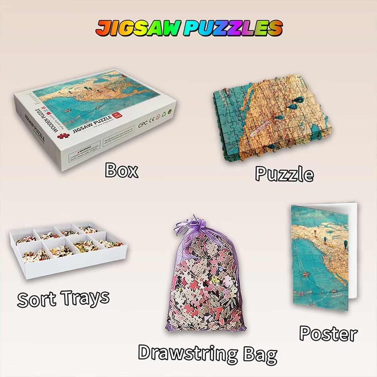 Puzzle 5000 elementów dla dorosłych, puzzle 5000 elementów retro, mapa puzzli dla dorosłych z wykwintnym pudełkiem do pakowania, gry edukacyjne, duże drewniane puzzle na prezent dla kobiet, dekoracja
