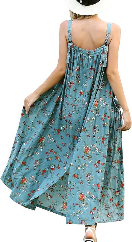 YESNO Women Maxi Dress Boho Summer Dresses with Wide Adjustable Buttoned Strap with Pockets E96UK