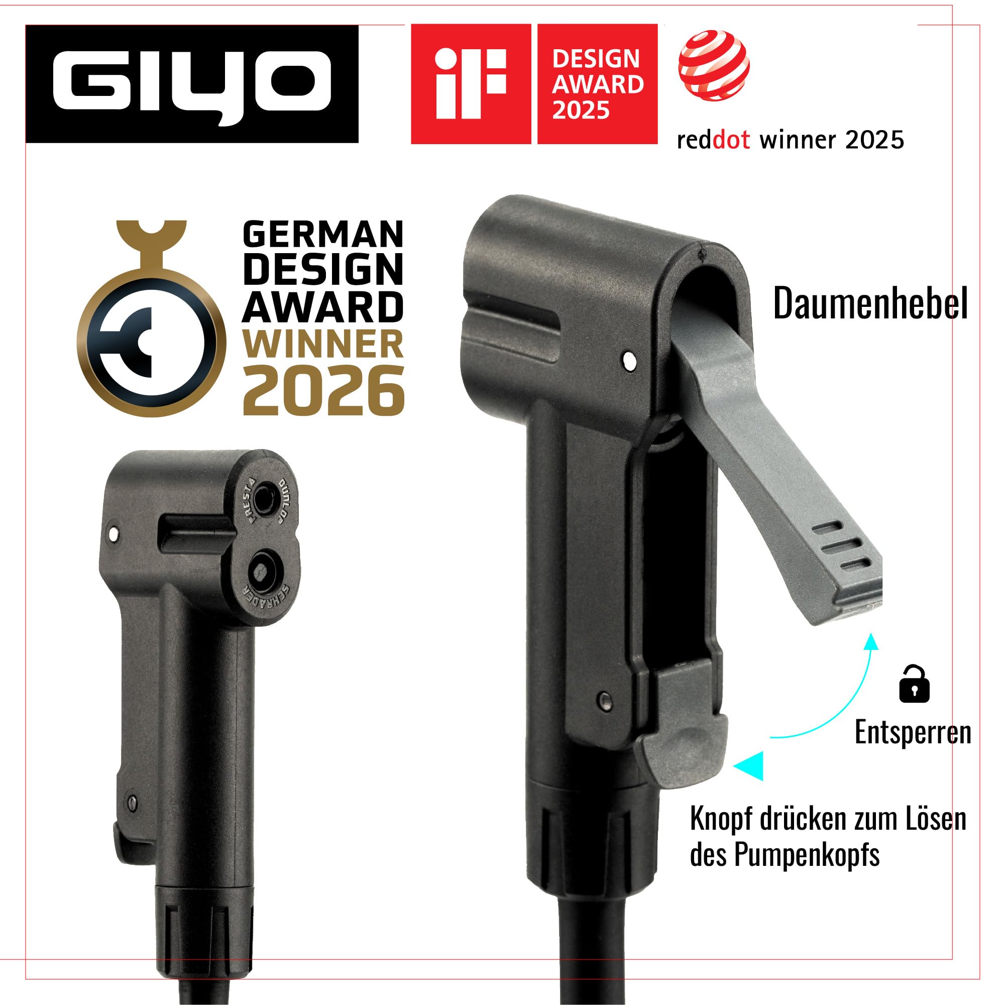GIYO Fahrrad-Standpumpe GF27DH – Fahrradpumpe mit Präzisions-Manometer für niedrigen & hohen Reifendruck, Einhand-Ventilkopf für Presta, Autoventil/Schrader & Dunlop,Tubeless-kompatibel,11 bar/160 psi