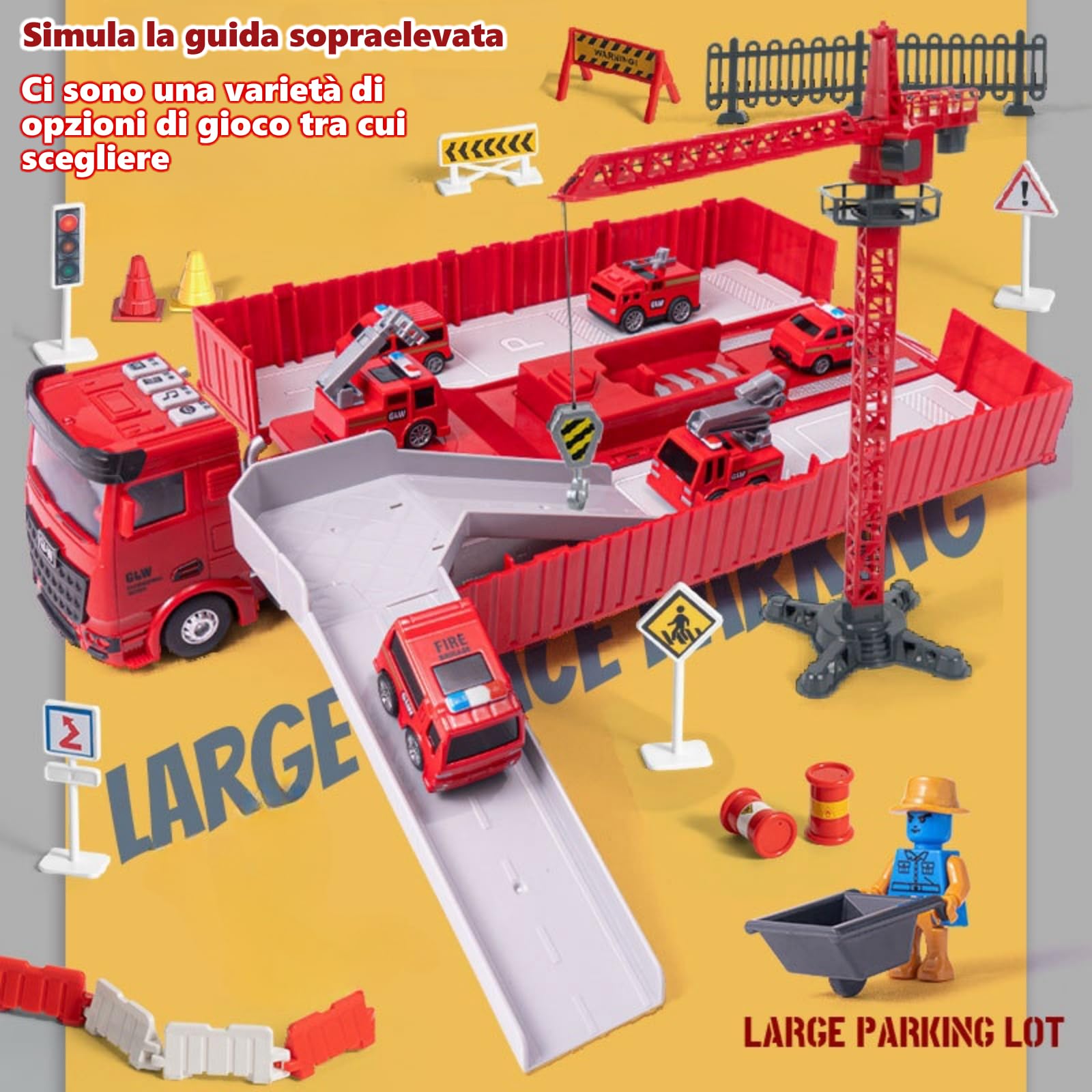 Camion Pompieri per Bambini, Veicoli da Cantiere, Veicolo Giocattolo da Trasporto con Musica e Luci, 6 Mini Camion Pompieri, Giocattolo Della Gru
