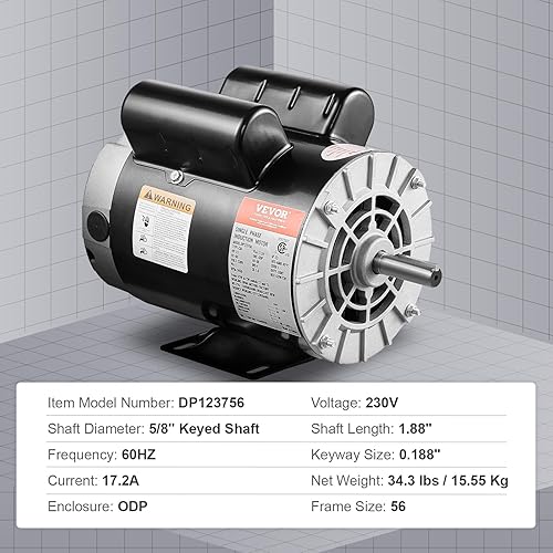 Miniatura 9 de VEVOR Motor de compresor de aire de 3.7 HP, motor eléctrico de 3450 RPM, 230 V 17.2 amperios, eje con llave de 58 pulgadas, marco 56 de eje de 1.88