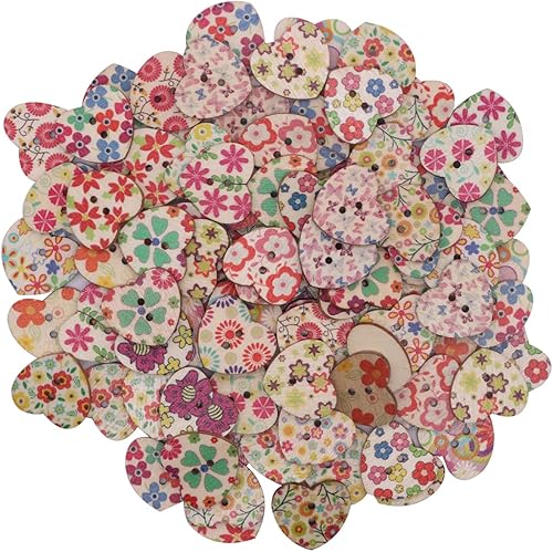 200 botones impresos de madera con forma de corazón de durazno con forma de flores mixtas para botones de costura de bricolaje, botones de tela,