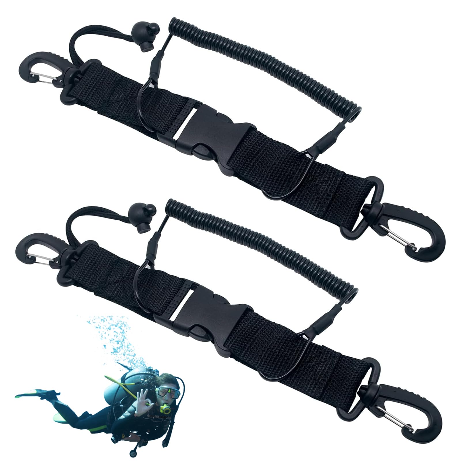 Cable Espiral para Cámara De Buceo,Cable Espiral De Buceo 2pcs,Accesorios De Buceo con Mosquetón,Gancho para Herramientas De Buceo,Cordón para Equipo De Buceo con Liberación Rápida