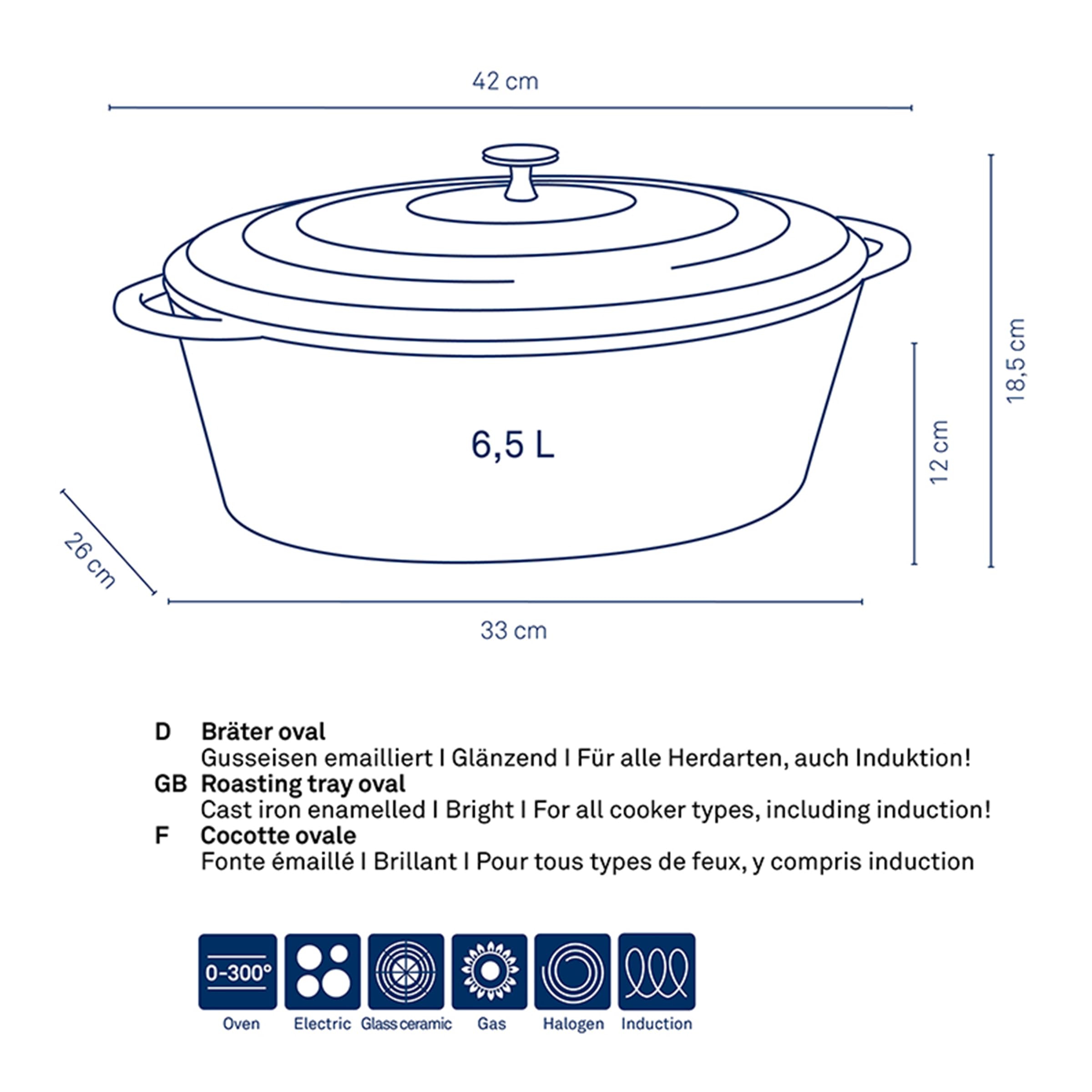 Kela Asador de Hierro Fundido Ovalado 6 Litros, Dutch Oven CALIDO, Asador de Inducción con Tapa, Olla de Hierro Fundido para Hornear Pan, Esmaltada, Gris Claro