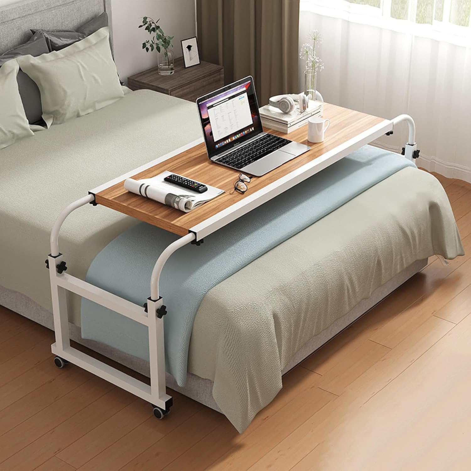 Overbed Table with Wheels, Portable Mobile Computer Desk Standing Workstation Rolling Medical Bed Desk for Laptop Work Breakfast, Brown