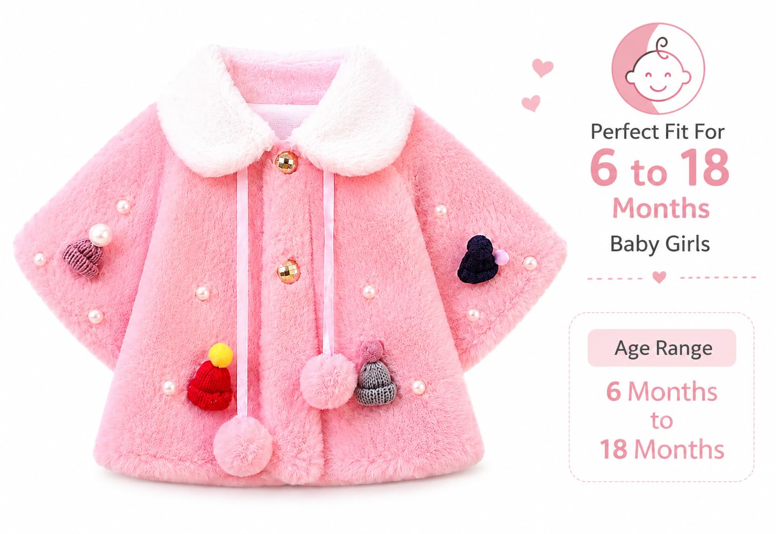 ANESHA Baby Girl Winter Cloak with Satin Ribbon Tie & White Fur Collar – Cosy Plush Cape for Toddler Girls For KIDS (6 Months - 19 Months) 2