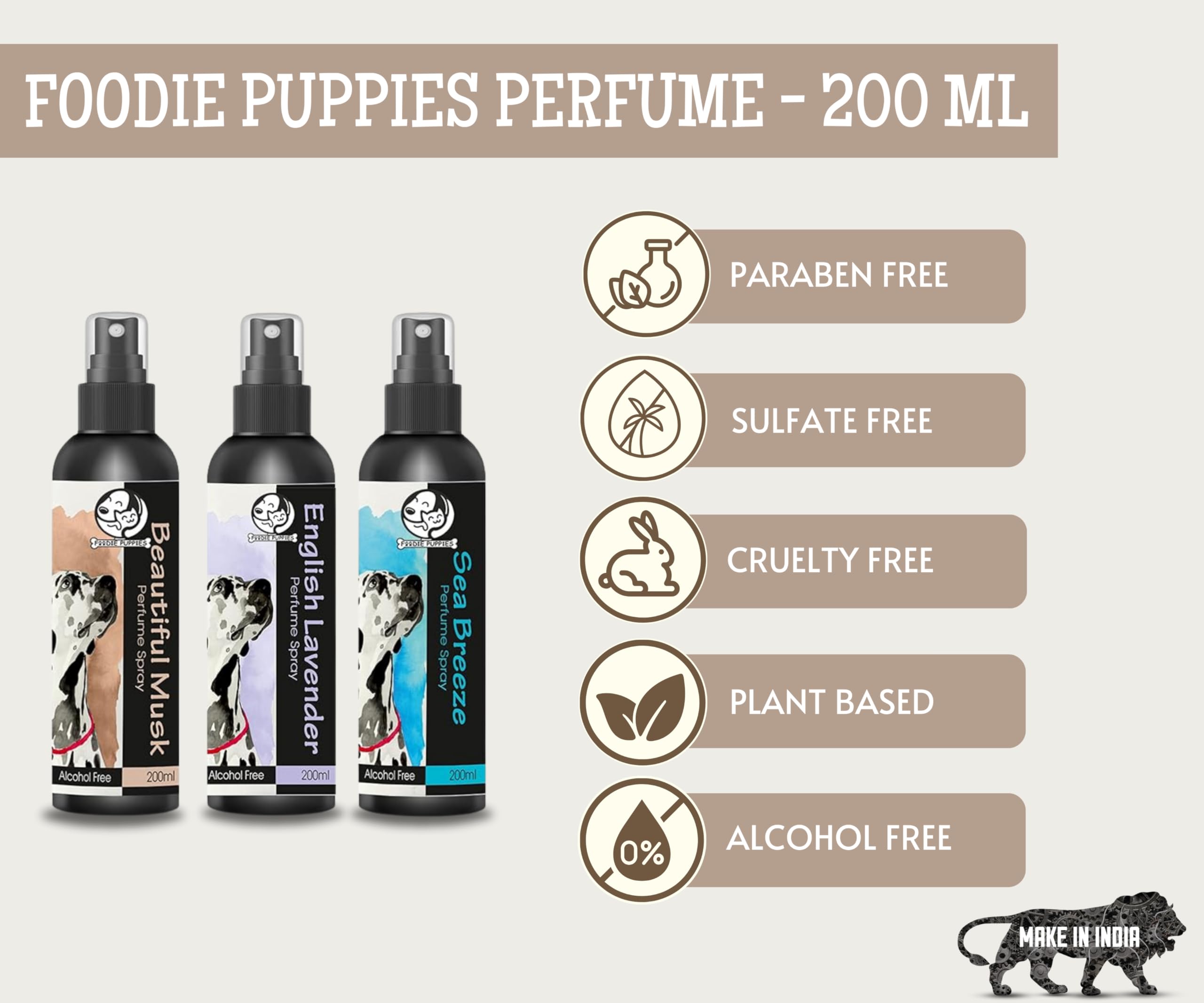 Foodie Puppies 3in1 Combo Gift Pack Perfume for Dogs and Puppies - 200ml Each | Beautiful Musk + Sea Breeze + English Lavender | Extract of Lavender and Aloe-Vera | Daily use, Safe Deodorizer Perfume 3