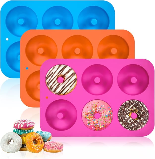 Johotone Silicone Doughnut Mold 6 Cavity Doughnut Moulds Non-Stick Donut Baking Pan for Cake Biscuit Bagel Muffin 3 Pack (Orange/Rose Red/Blue)