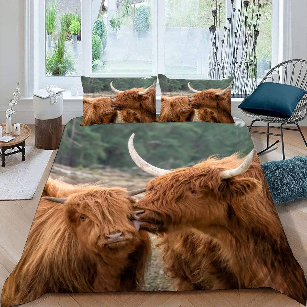 RFFLUX 3D Highland Cattle Double Bedding Duvet Cover Set 3 Pieces 200x200 Ultra Soft Microfiber Farm Animals Cattle Comforter Cover with Zipper Easy Care Quilt Cover with 2 Pillowcase for Room Decor