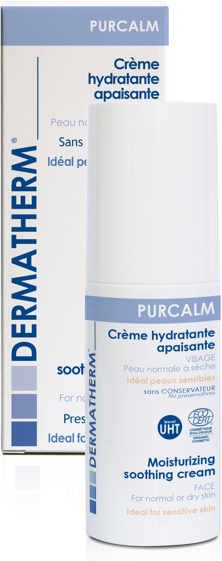 Dermatherm Purcalm Face Cream for hypersensitive to hypoallergenic skin. Without preservative substances. Organic certified. 50ml with antimicrobial pump closure. Pharma central number 13233935