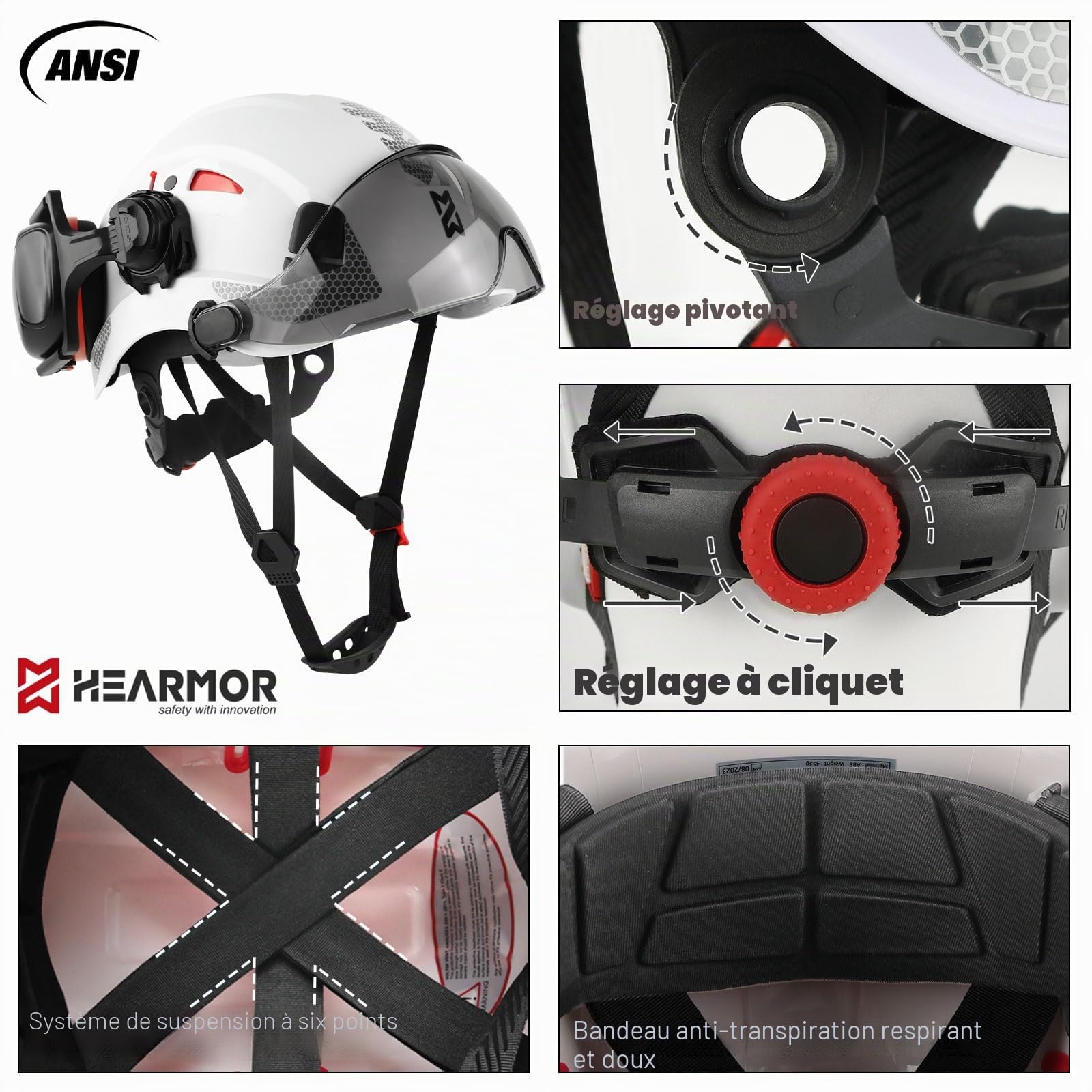 HEARMOR Casque de Protection avec Protection auditive et visière, certifié en 397, Casque de Travail ventilé, Suspension à 6 Points, idéal pour l'industrie et la Construction, Blanc