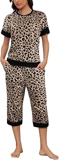 Women's Pajama Set Short Sleeve Top and Capri Pants Sleepwear 2 Piece Pjs Soft Lounge Sets with Pockets