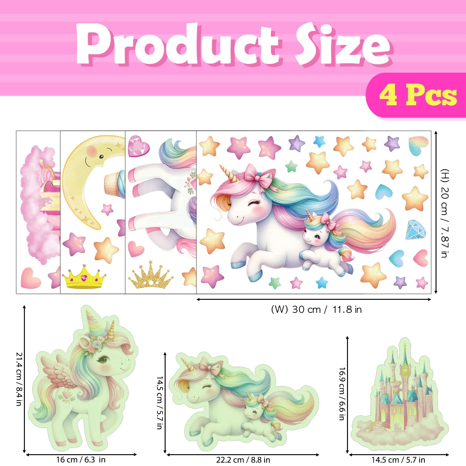 Glow In The Dark Rainbow & Unicorn Wall Decals - Removable Stickers For Kids' Rooms, Glows Up To 15 Hours, Safe & Reusable