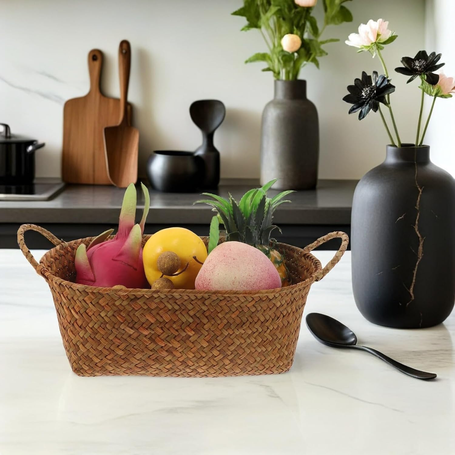 Straw Woven Bread Basket for Serving with Dual Handles Handmade